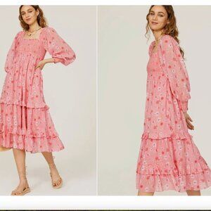 LoveShackFancy Miri Dress Midi Shift Boho Pink Floral Size Small *READ FLAW*